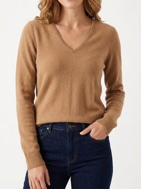 WHITE + WARREN 100% Cashmere Khaki Camel V-Neck Tan Sweater